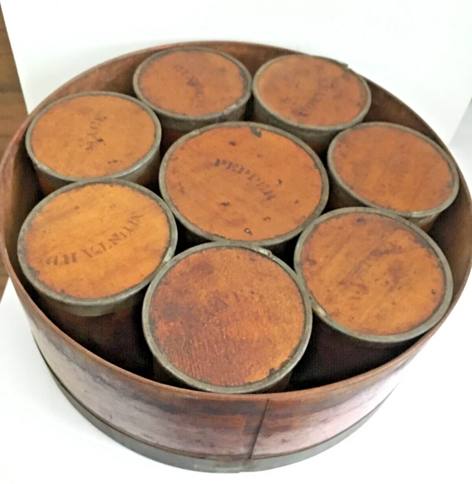Antique Round Cylinder Wooden Bentwood Spice Box  8 containers & SPICE PROVENCE - Image 2 of 4