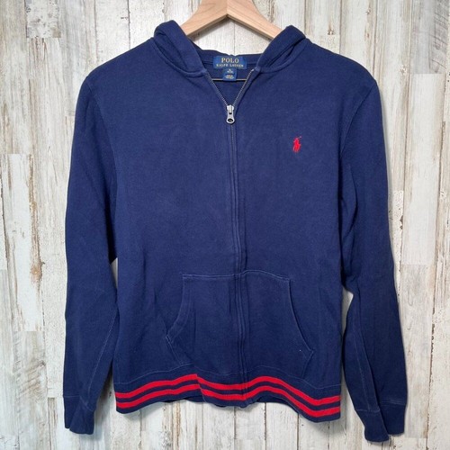 Polo Ralph Lauren Navy Blue Red Striped Knit Zip Hoodie Kids XL 18/20 - Picture 2 of 5