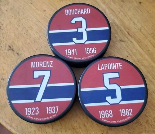 MONTREAL CANADIENS NHL HOCKEY PUCKS LOT Of 3 LMTD Ed. BOUCHARD, MORENZ, LAPOINTE