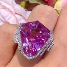 Brilliant Shield Cut Fuchsia Pink Kunzite & White Sapphire Gorgeous Wedding Ring