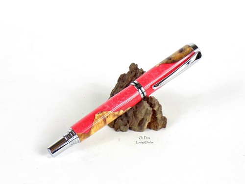 Buckeye Burl Wood Pen Coral Pink Pearl Hybrid Rollerball Chrome 2 Piece Cap Pen - Picture 3 of 8