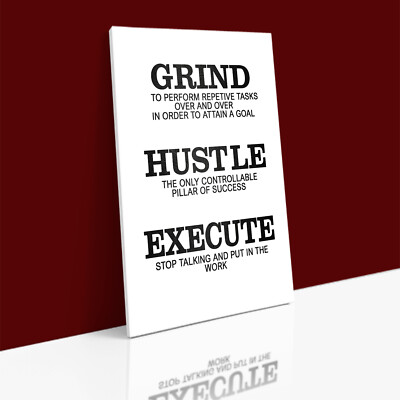 HUSTLE GRIND EXECUTE Motivational Definition LEINWAND Wandbild Kunstdruck GERAHMT