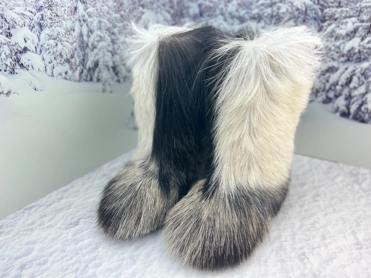 Gray white real goat fur yeti winter boots for women  EU  US