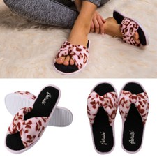 Pink Leopard Pattern Bowknot Cozy Slippers Open Toe Soft Cotton Bedroom Shoes