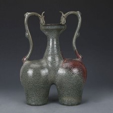 11" Good Chinese Jingdezhen Jun Kiln Porcelain Twins Beast Ear Vases