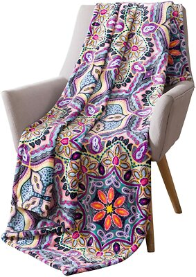Boho Velvet Fleece Throw Blanket: Soft Plush Bright Decorative Paisley