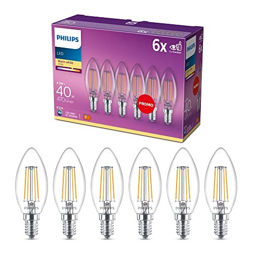 Set 6 Lampadine Philips LED E14 B35 40W Filamento Trasparente