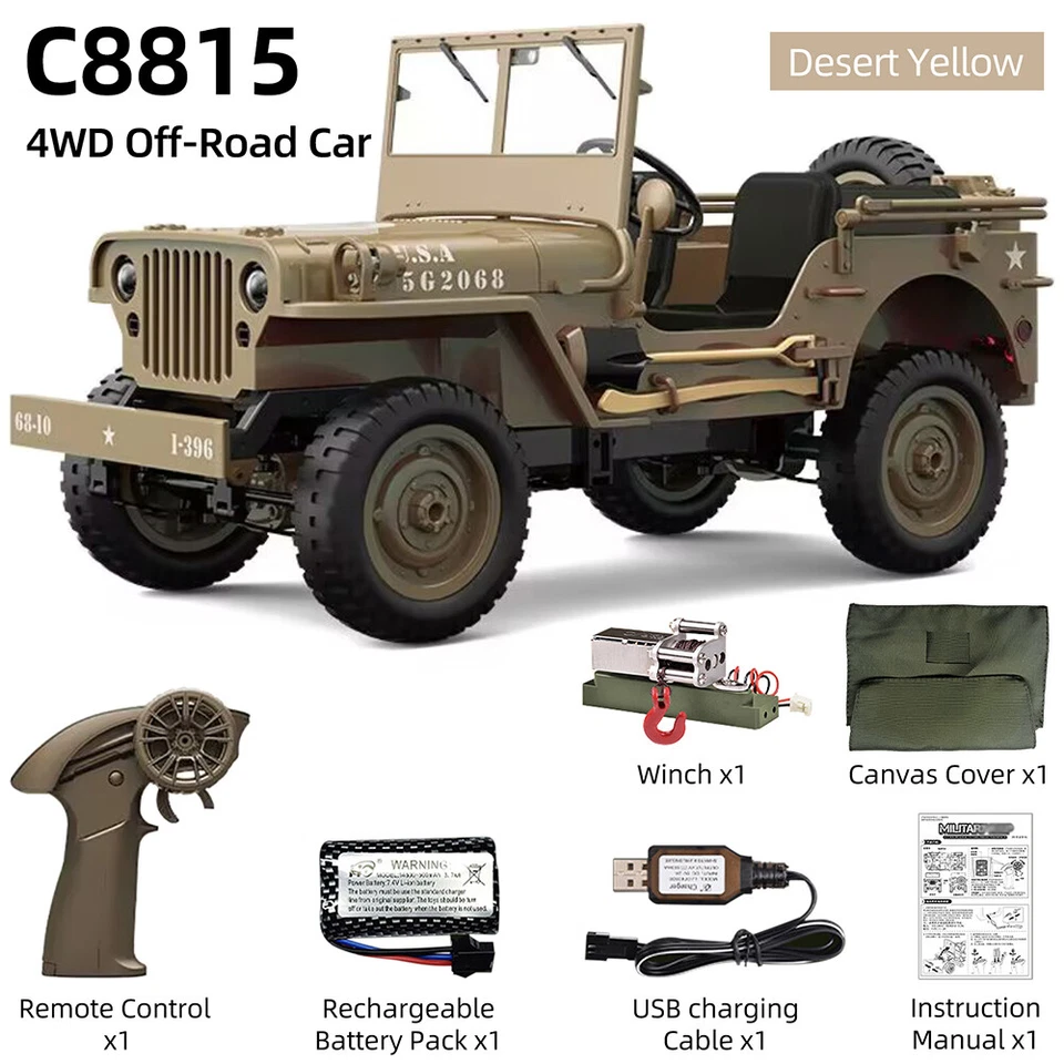 JJRC C8815 RC Military Jeep 2.4G 4WD Truck Car Winch Canvas Off-Road Remote Car - Image 2 of 4