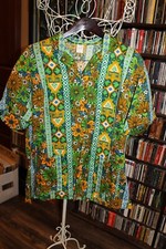 Vtg 60s 70s Barkcloth Shirt La Rose Calif Boho Hippie sz 42 L pocket bin309 