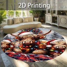 Large Scottish Highland Cow Christmas Rug - Plush Round Carpet with Santa Hat 