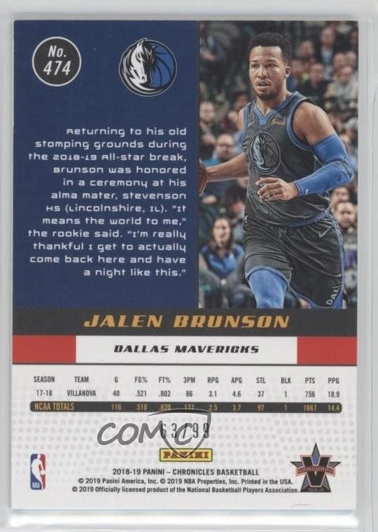 2018-19 Panini Chronicles Vanguard /99 Jalen Brunson #474 Rookie RC - Image 2 of 2