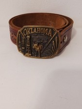 Vintage 1980 Oklahoma State Commemorative Artwork Belt Buckle And Belt Size 36