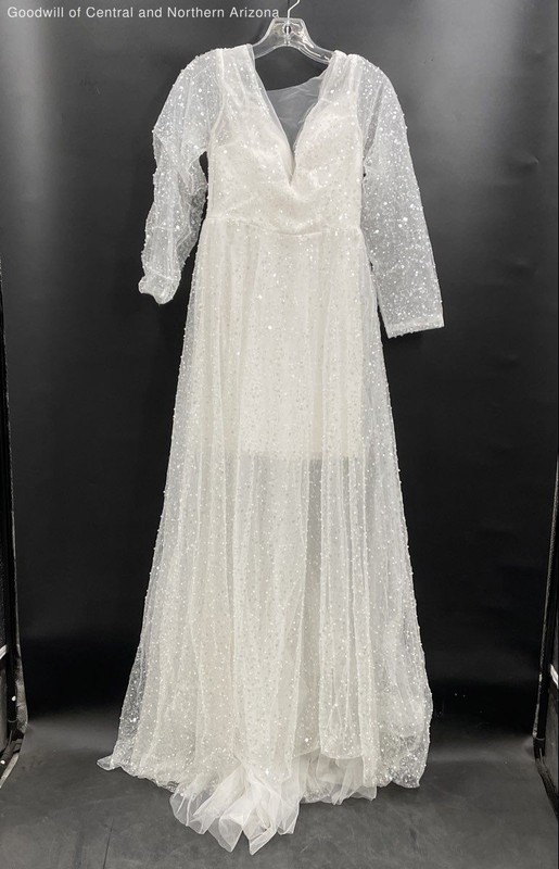 MISSACC Ladies White Beading/Sequin Long Sleeved Wedding Dress