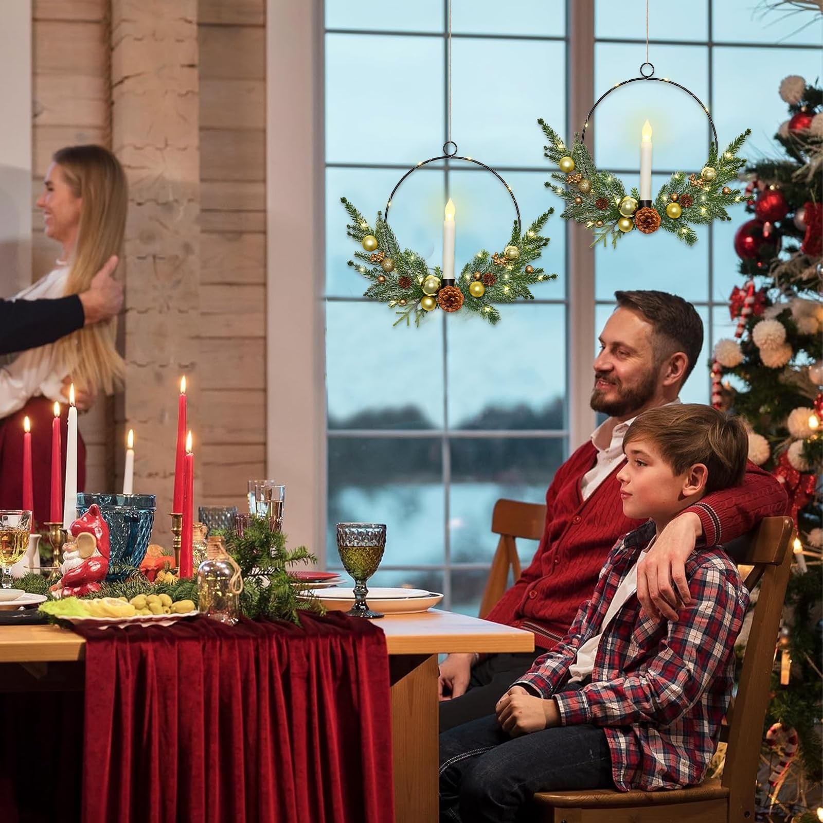 MEIVINES 2Pack Christmas Wreaths for Front Door with LED Taper Candles,16 Inc...