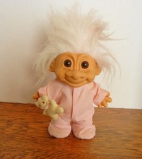 Berrie Sleepy Time Russ Troll Doll Pink Jammies and Teddy Bear 7"