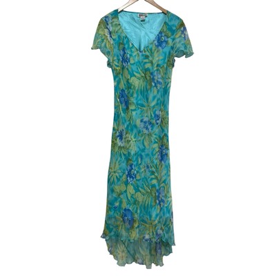 Vtg 90s Y2K Robbie Dee Silk Floral Midi Dress Flowy Whimsy Fairy Blue/Teal Sz 12