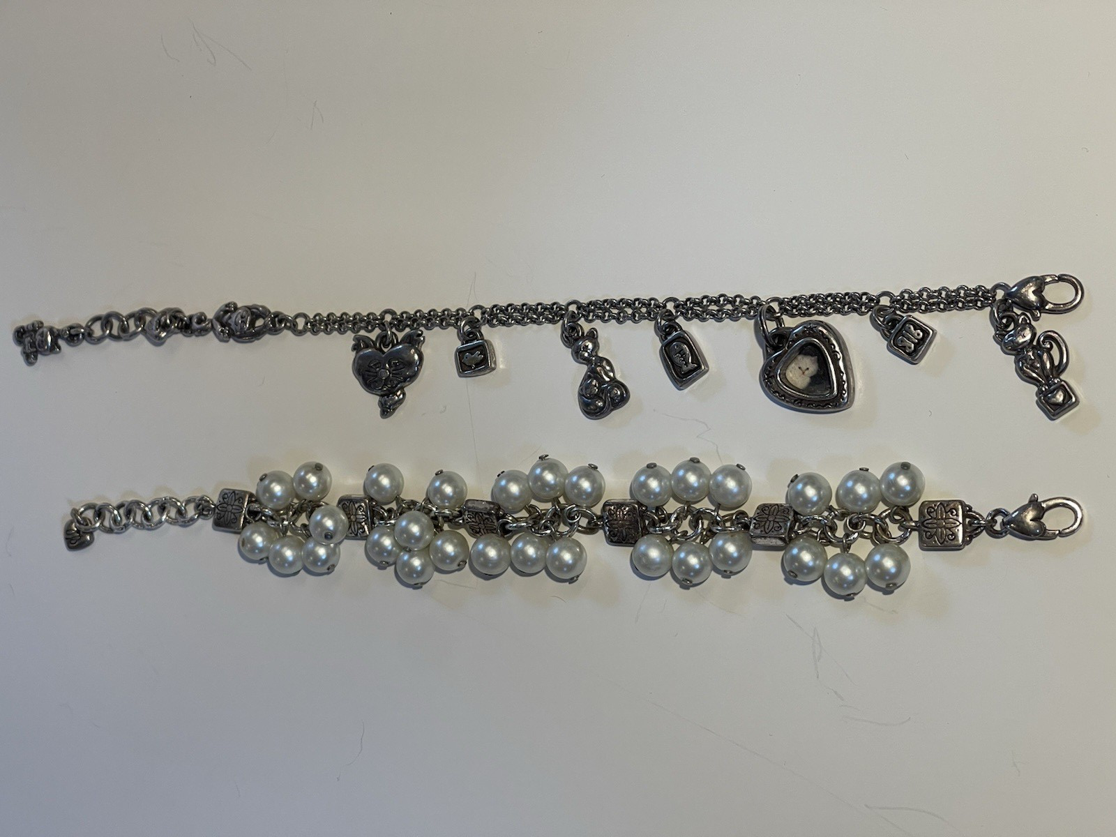 Brighton Faux Pearl and Cat Lover Silver Tone Fashion Bracelets
