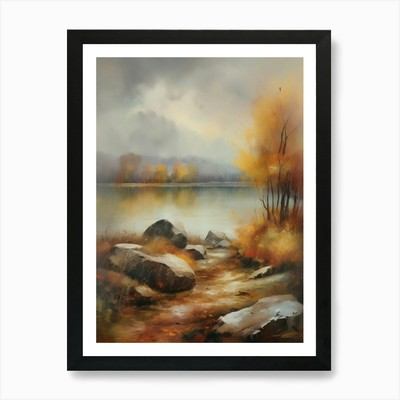 Herbstsee, Waldsee, Vintage Oi gerahmtes Wandbild Poster Leinwanddruck Bild