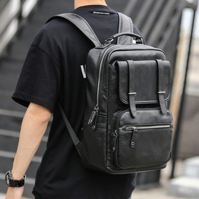 New Fashion Mens Leather School Backpack Black Waterproof Laptop Travel Bag HT