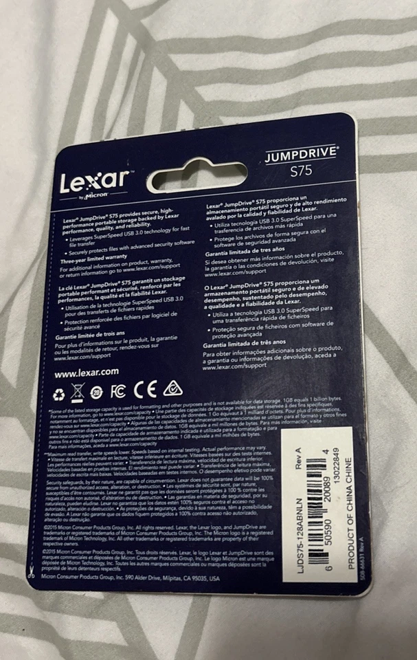 Lexar by Micron 128GB JumpDrive S75 USB 3.0 Flash Drive 150MB/s RB16571 - Sealed - Image 2 of 2