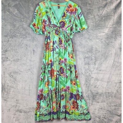 Me 2 Magic Dress XL Boho Gauze Maxi Floral Tiered Beach Tropical Resort Peasant