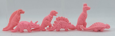 Vintage 1980er Hong Kong Neuheit Gummi Radierer ROSA DINOSAURIER 6er Set - GC