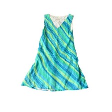 Tessuto Blue Green Striped Rayon Sleeveless Dress Casual Summer Flowy