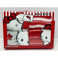 Hello Kitty Sanrio 4 Pairs No-Show Fuzzy Socks Gift Box Set Red White Grey Blue