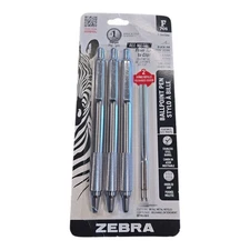 3-Pack Zebra F-701 Ballpoint Pens + 2 bonus refills - Stainless Steel -Black Ink