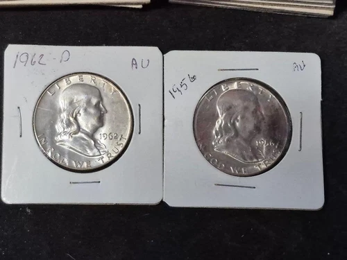 Silver $1 Face Value Franklin Half Dollar Coins 1956 and 1962 D in AU condition