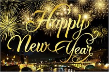 Happy New Year Party Backdrop Fabric Sign Poster Banner 2 Piece Set, Black