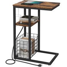 C Shaped End Table with Charging Station, Side Table for Couch, Small Side En...