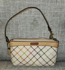 COACH Peyton Tattersall Plaid Small Wristlet Chalk Multi Gold Leather Trim