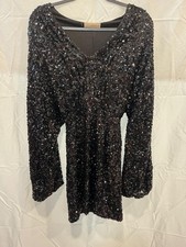 Black Sequin Mini Dress Long Sleeve V-Neck Party Cocktail
