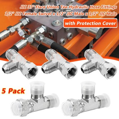 5 Pack JIC 37° Flare Union Tee Hydraulic Fittings 1/2'' JIC Female x Male x Male
