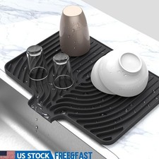 Silicone Dish Drying Mat W/ Drain Spout Non-Slip Kitchen Countertop Mat New