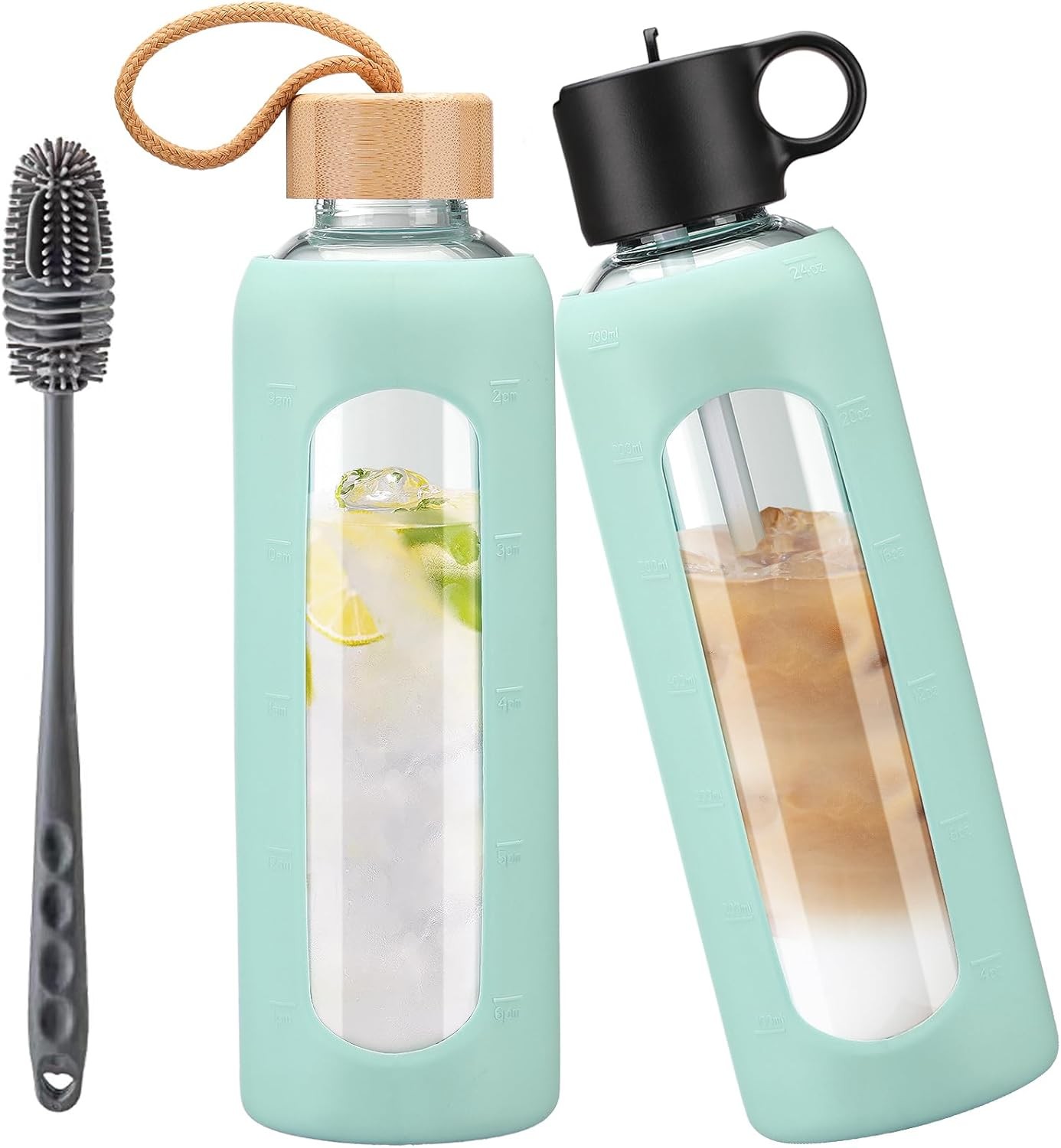 750ml Glass Water Bottle With 2 Lids-Flip Straw Lid, Bamboo Lid, Glass Water Bo