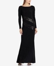 Ralph Lauren MY9-56 Sequin-Trim Jersey Gown Maxi Dress Black Sz 6 230