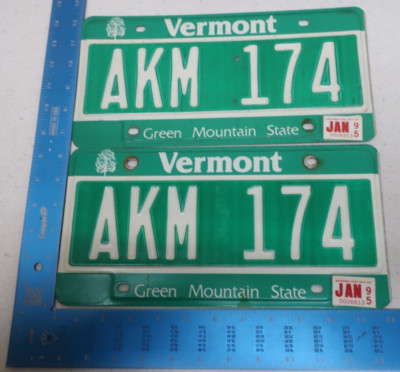 Vermont License Plate Tag 1995 95 VT Pair Set AKM 174