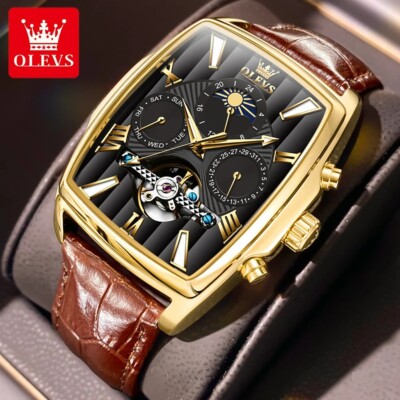 Waterproof Watch Men Automatic Mechanical OLEVS Luxury Skeleton Leather Men's