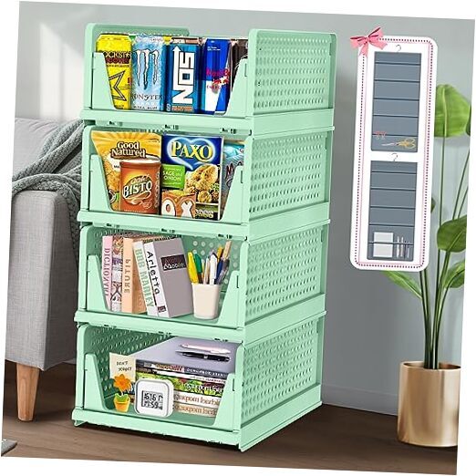 4 Pack Stackable Plastic Storage Basket with Free Hanging Closet Organizer