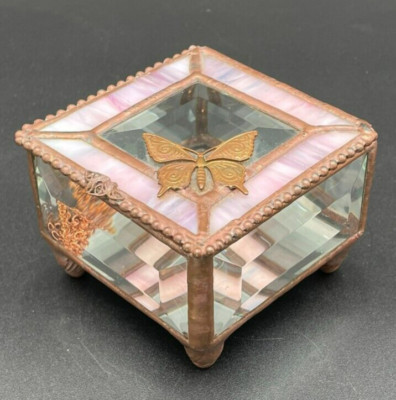 Handmade Pink Stained Glass Beveled Mirror Hinged Trinket Box Sunflower Studios