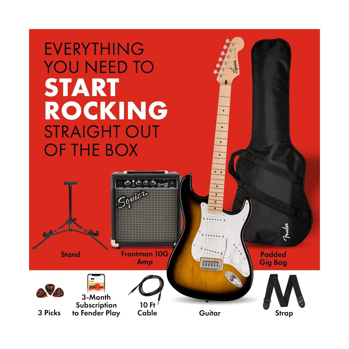 Squier Sonic Series Stratocaster Pack - 2-color Sunburst