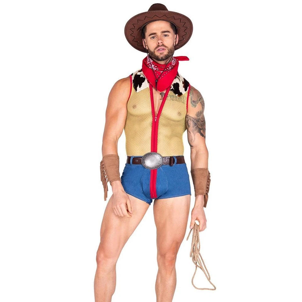 Fantasia de cowboy xerife macacão transparente rede denim estampa de vaca bandana amadeirada 5019 - Imagem 3 de 4