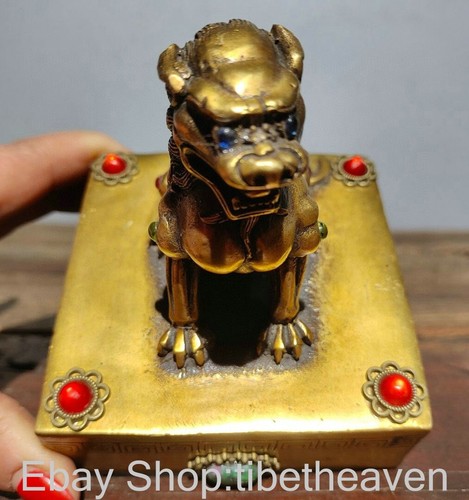 4.4" Old Chinese Dynasty Brass Inlay Gem Lion Beast Statue Seal Stamp Signet - Picture 3 of 9