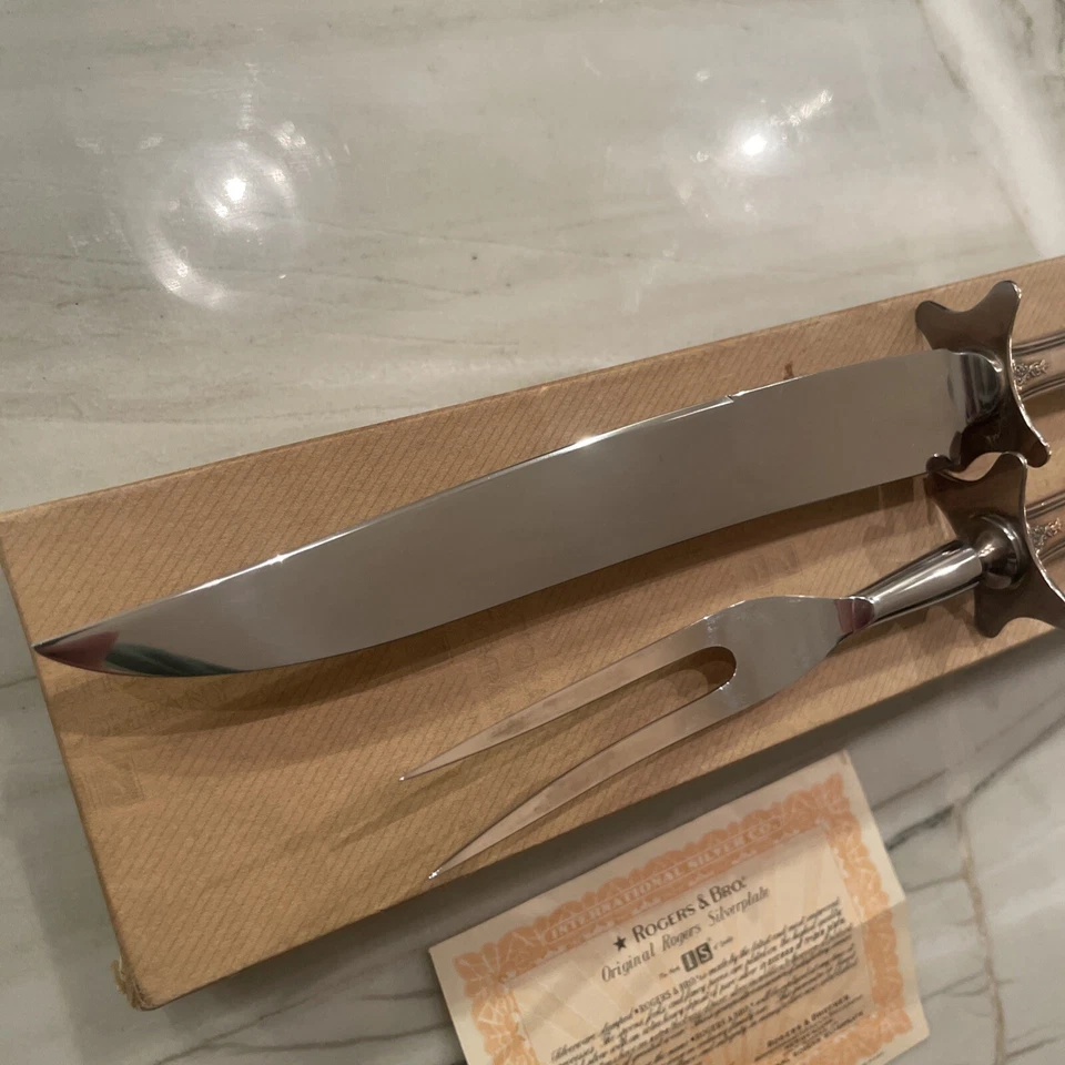 Juego de tallado asado vintage Roger Bros, EE. UU. placa de plata 'Hold-Edge' caja original Foto 3 de 4