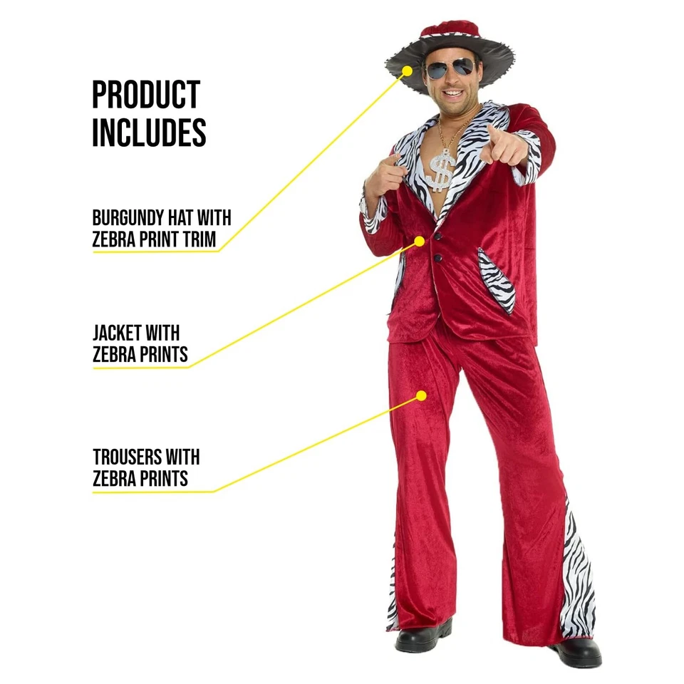Para Hombres Borgoña Rojo PIMP DADDY Disfraz + Sombrero Años 70 Big Daddy Traje de Terciopelo Halloween Foto 2 de 4
