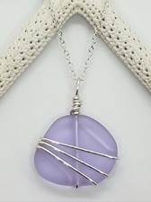 Sea Glass Necklace w/ Lavender Focal Bead Pendant Silver Wire Wrapped