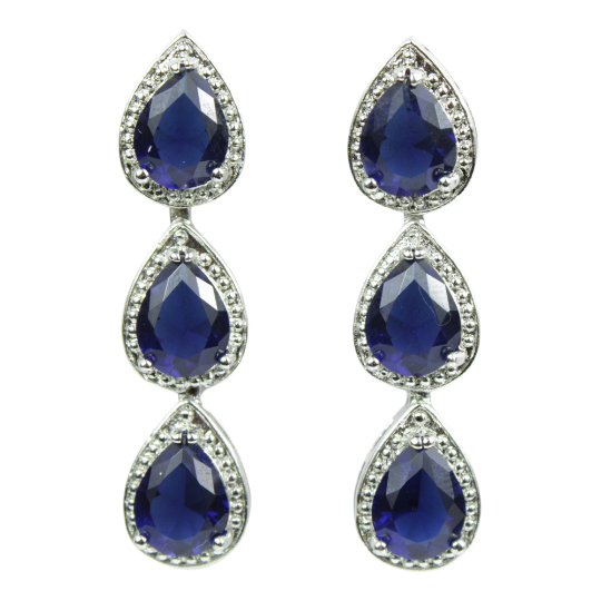 WHITE GOLD FINISH Created Diamond Blue Sapphire Pear Cut Classic Earrings