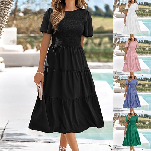 Women Summer Flutter Short Sleeve V Neck Smocked Elastic Waist Casual Midi Dress - Bild 9 von 33